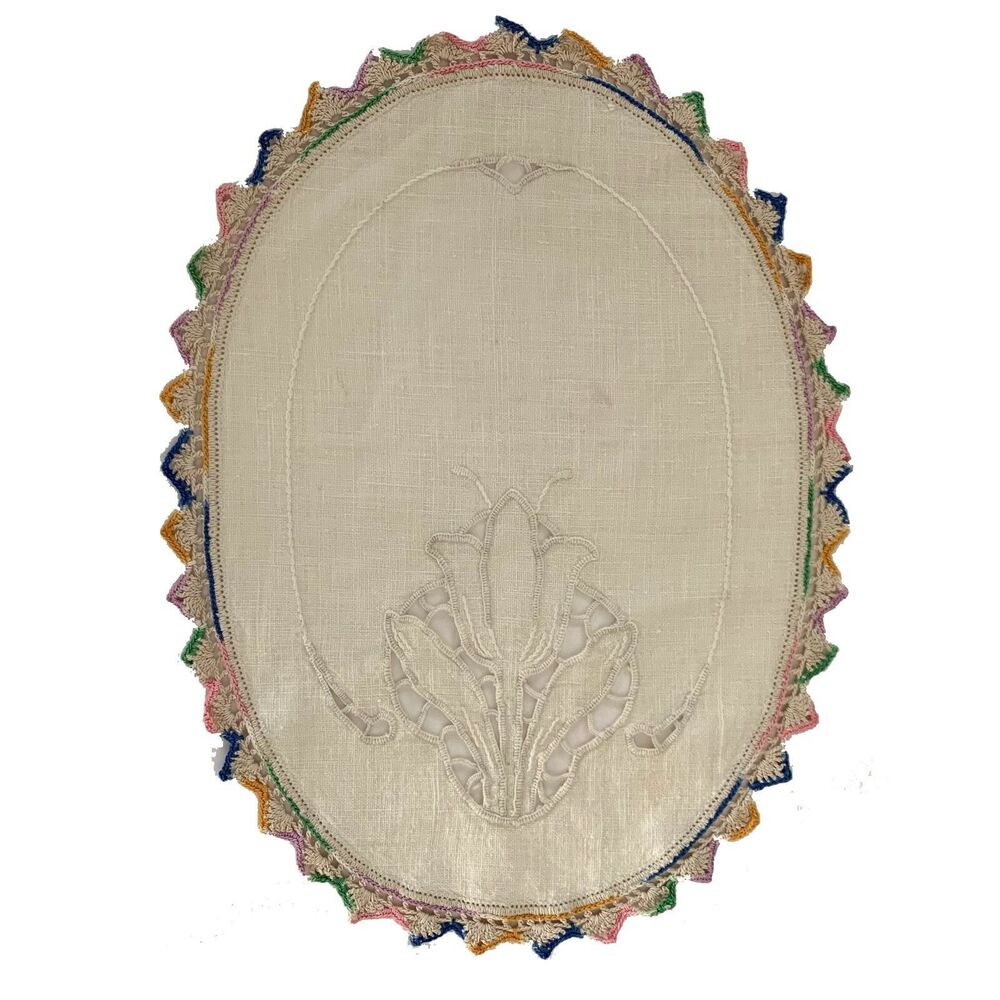 Vintage Oval Linen Cutwork Doily Crochet Lace Cottage Core Shabby Decor
